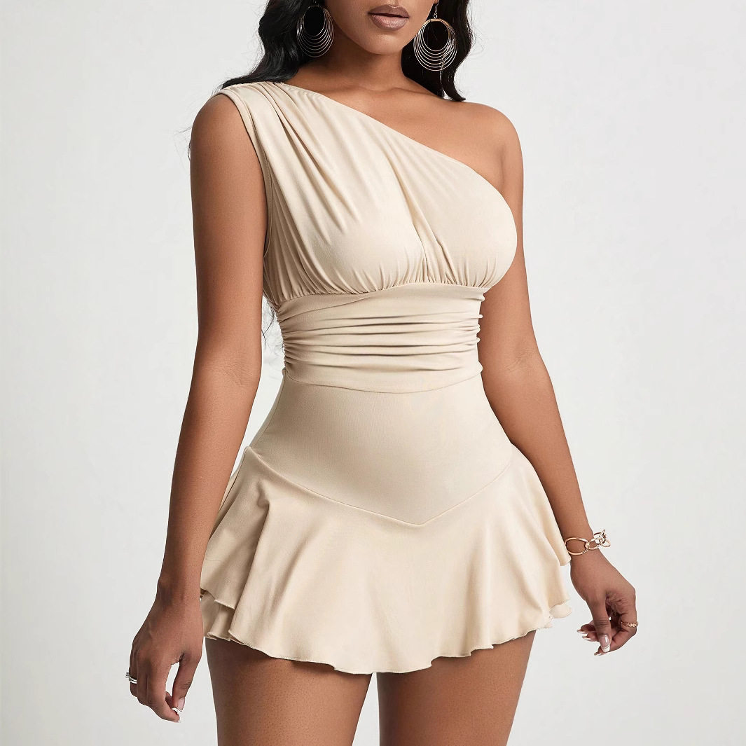 Elegant Womens Dress Asymmetrical Neckline High Waist Flared Hem Spring Summer Fashion Wholesale Available