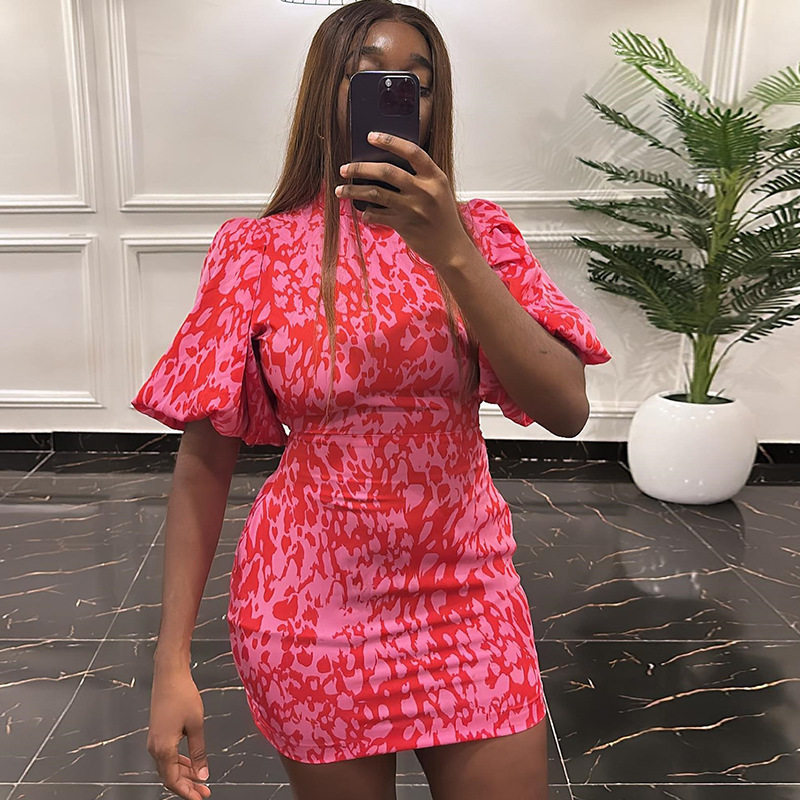 Fashionable Lantern Sleeve Mini Dress Stand Collar Printed Shoulder Pads Slim Fit Casual Summer Wear OEM Available