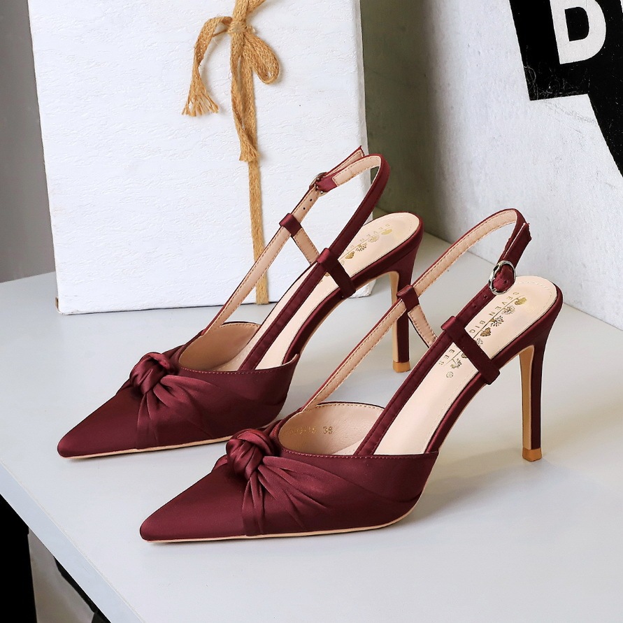Giày cao gót nữ mũi nhọn gót nhọn 9cm mặt lụa satin thắt nơ phong cách dự tiệc — Màu đen, Màu đỏ rượu, Màu sâm panh, Màu xanh da trời