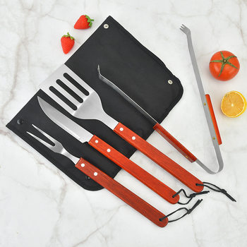 Spot Direct Sales Wooden Handle Bbq Barbecue Set Barbecue Tongs Fork Shovel Knife Apron Oxford Cloth Bag Grill Five-Piece Set