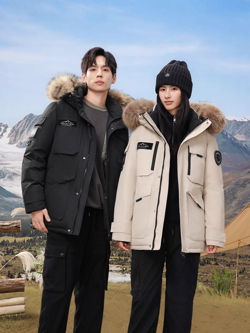 Live Broadcast Standard Velvet New Winter Cold-Proof Thickeneded Workwear down Jacket Women's Men's Large Fur Collar Outdoor Mountaineering Clothing