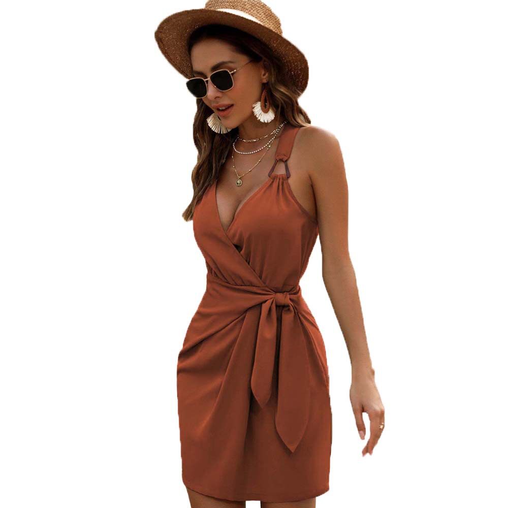 Summer Womens Sexy V Neck Tie Waist Vacation Sling Dress Lightweight Comfortable Elegant Perfect for Beach or Resort