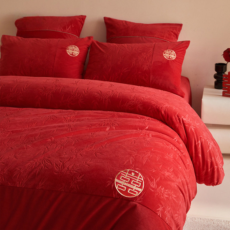Milk Velvet Bed Four-Piece Set, Bright Red Chinese Style High-End Embroidered Bed Sheetss and Quilt Covers, Winter Wedding Bedding