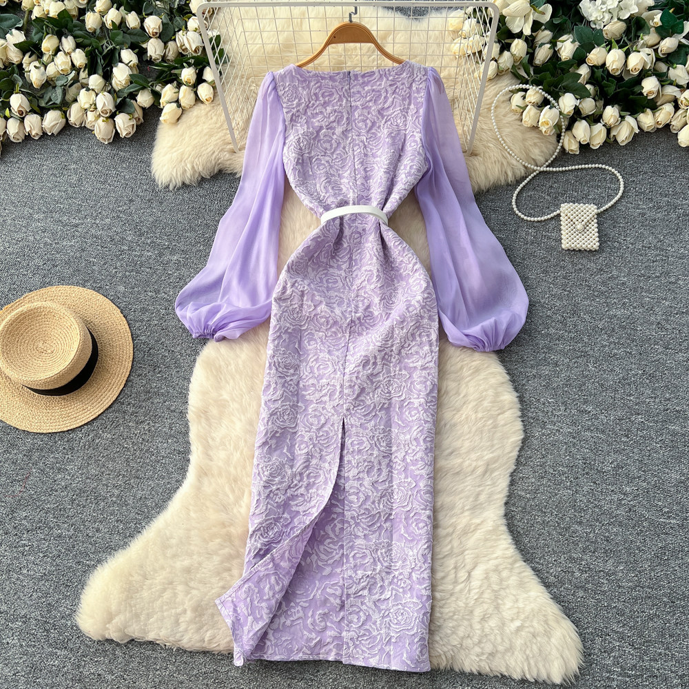 Elegant Purple Lace Dress for Women Puff Sleeve Slim Fit Diamond Accents Midi Length Perfect for Parties and