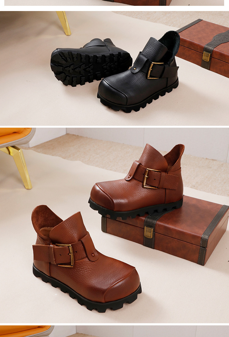 Boot nữ cổ thấp da bò thật đế bằng phong cách cổ điển — Màu đen, Màu nâu đậm
