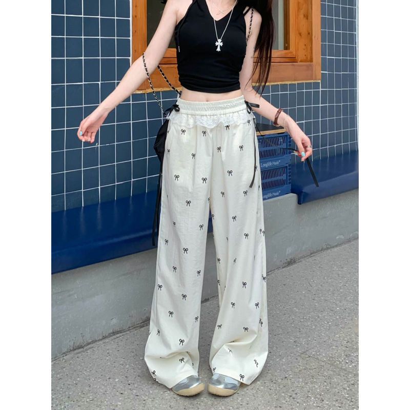 Summer Womens Casual Pants Lace Trim Bow Detail Loose Fit Wide Leg Perfect for Everyday Wear Wholesale Available