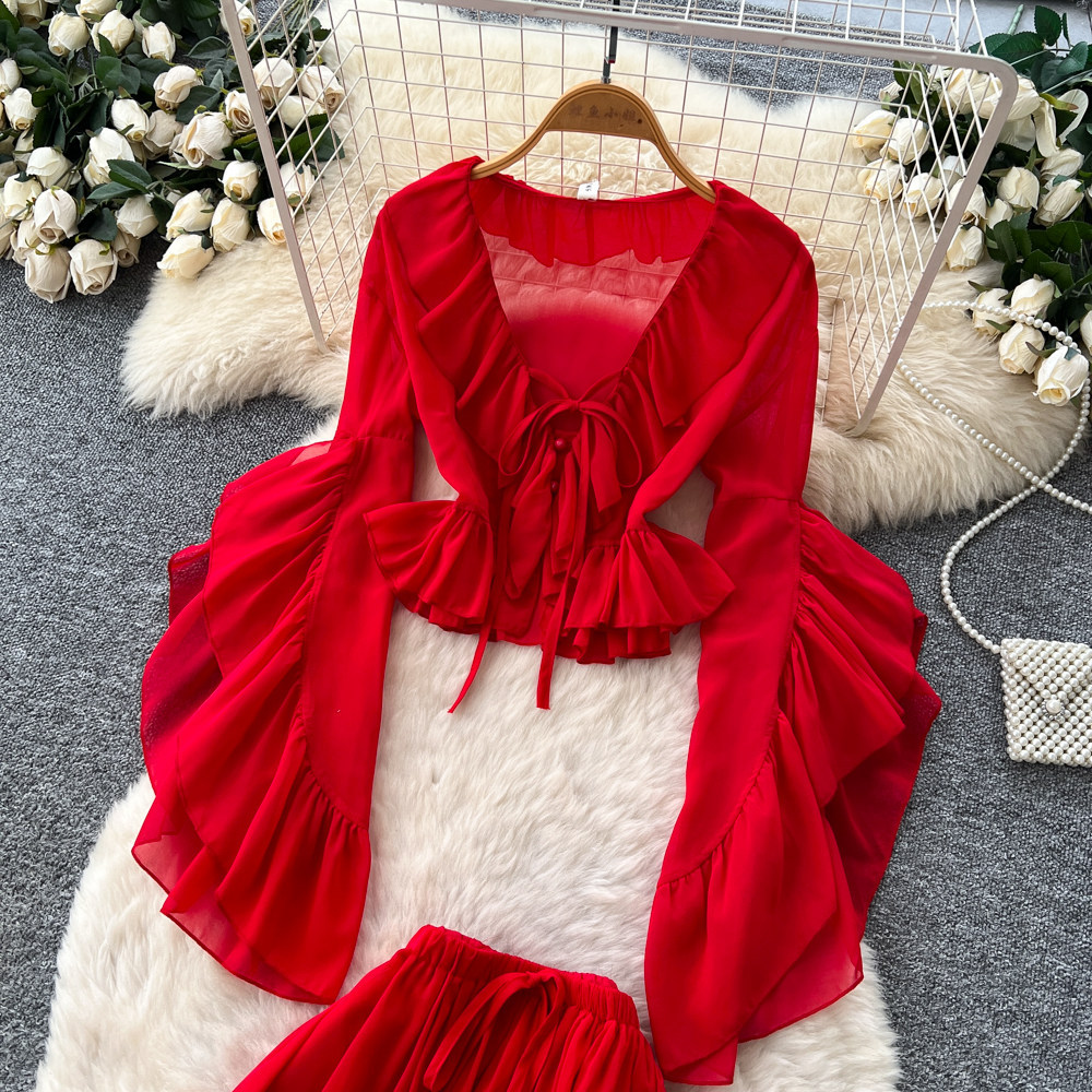 French Vacation Style Red Ruffled Flare Sleeve V Neck Blouse with High Waist Skirt Set Elegant Autumn Outfit for Women