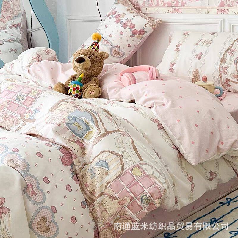 Cartoon Cute Lolita Cross-Border Foreign Trade Special Four-Piece Set for Home Washing Brushed Dormitory Three-Piece Set Amazon