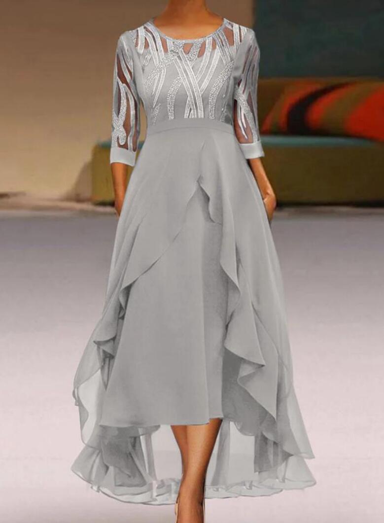 Chiffon Midi Dress with Lace Inserts and Round Neckline for Fall Winter Events Available in Gray and Blue Wholesale