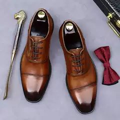 【】First-Layer Cowhide Leather Shoes Brand Three-Stripe Genuine Leather Oxford Formal Business Leather Shoes for Men, Gentleman Style, Vintage Color