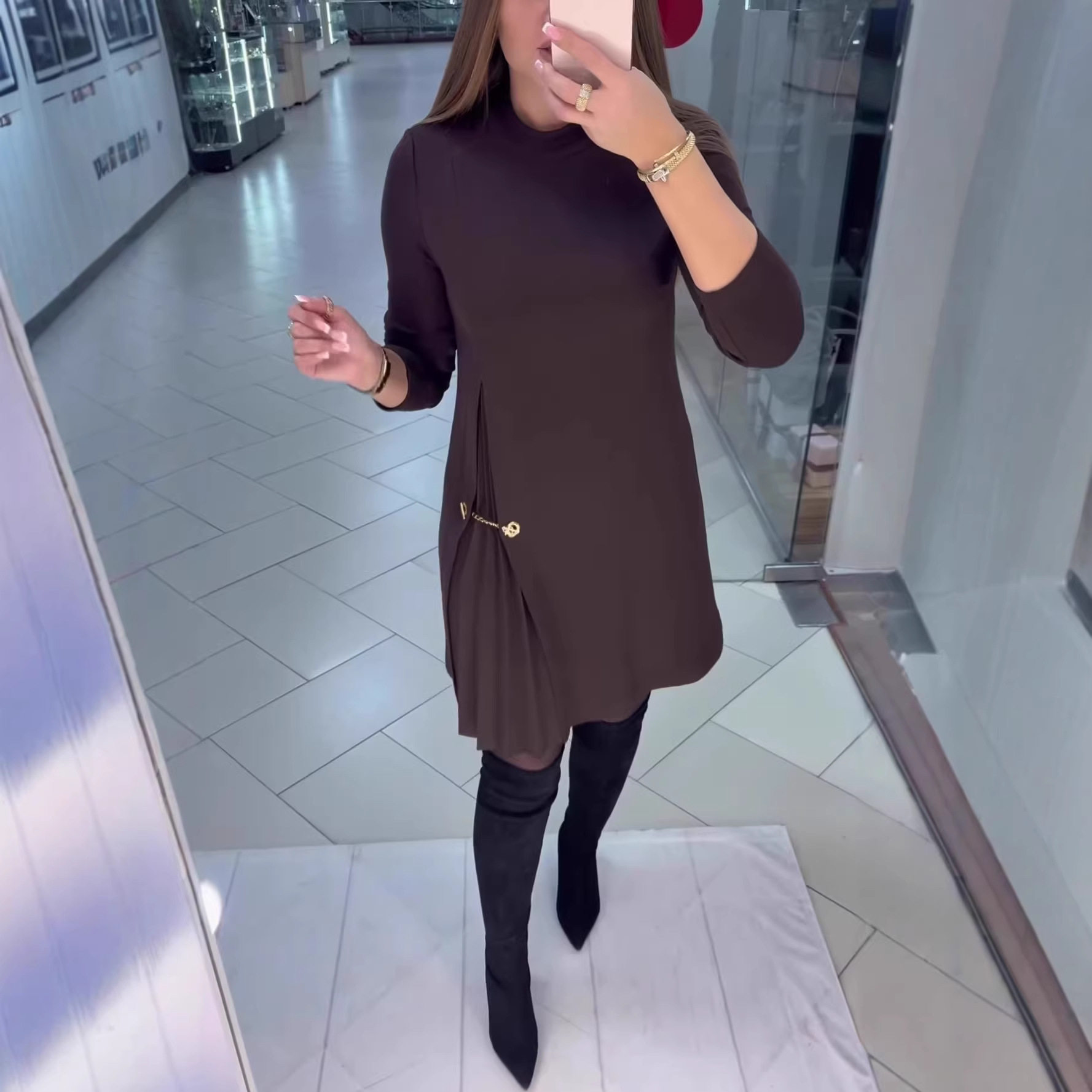 欧美亚马逊跨境外贸女装2025年秋新款纯色长袖压褶气质休闲连衣裙