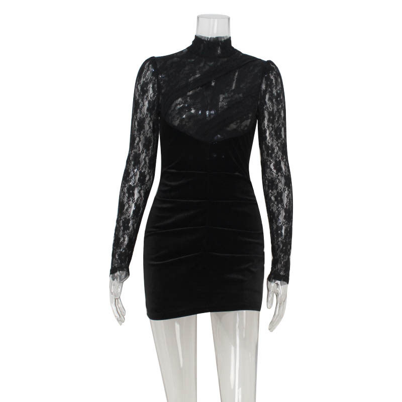 High Neck Long Sleeve Lace Sheer Velvet Dress Elegant Fitted Bodycon Style Perfect for Evening Events Wholesale