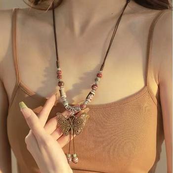 Retro Style Bohemian Necklace Hong Kong Style Ceramic Butterfly Pendant Necklace Women's New Ethnic Style Necklace Long Style
