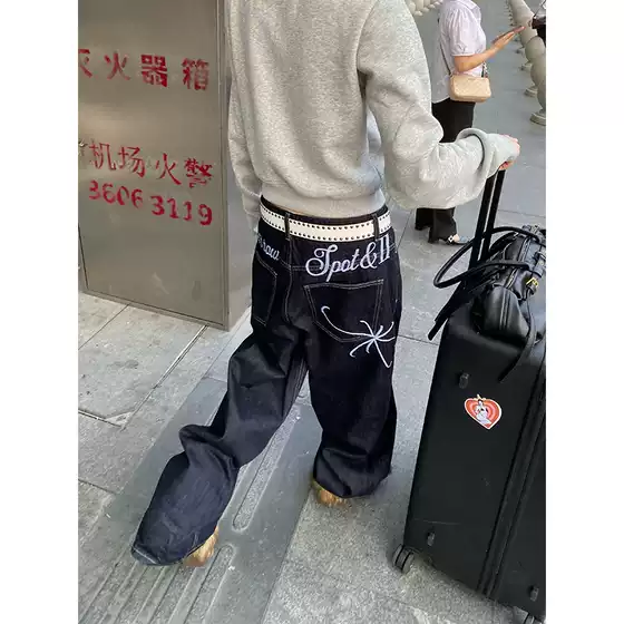 American Retro Embroidered Wide-Leg Jeans for Men and Women, High Street Fashion Brand, Straight-Leg Floor-Length Pants, Loose Fit, Slimming, Casual, Cool and Stylish