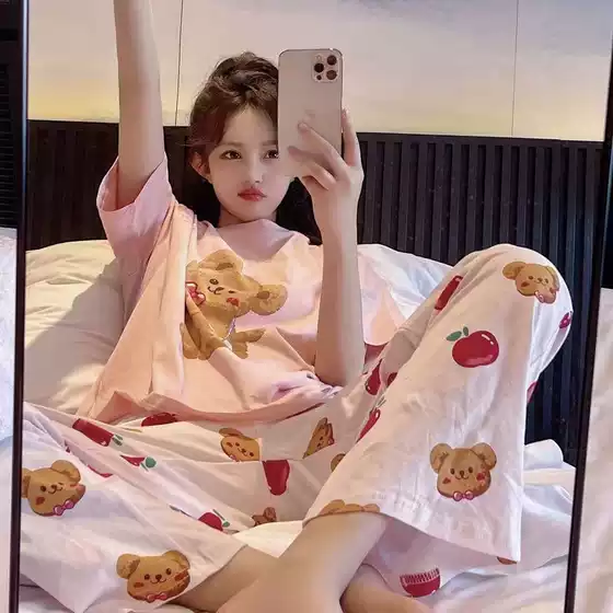 Bear Pajamas Women's Summer Cartoon Cute Short-sleeved Pants Advanced Sense Spring and Autumn Home Clothes suit 2025 New
