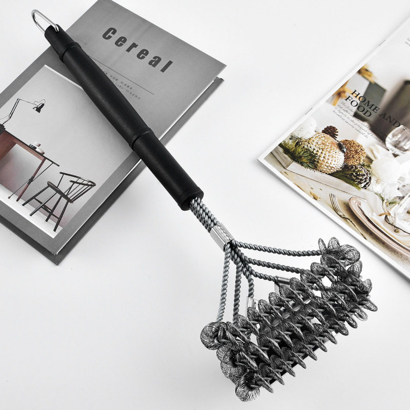 Factory direct three-head long handle BBQ multi-function spring cleaning brush with shovel stainless steel barbecue stove brush