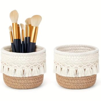 Amazon's Best-Selling Tassel Desktop Storage Basket Cosmetics Makeup Brush Storage Box Round Woven Storage Basket