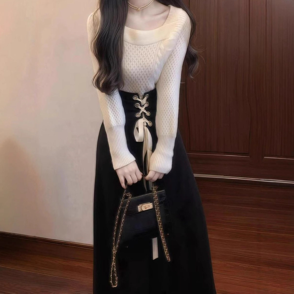 French Fashion Small Fragrance Spring and Winter New Style Knitted Long-Sleeved Sweater Waist Pleated Skirt Two-Piece Set Trendy