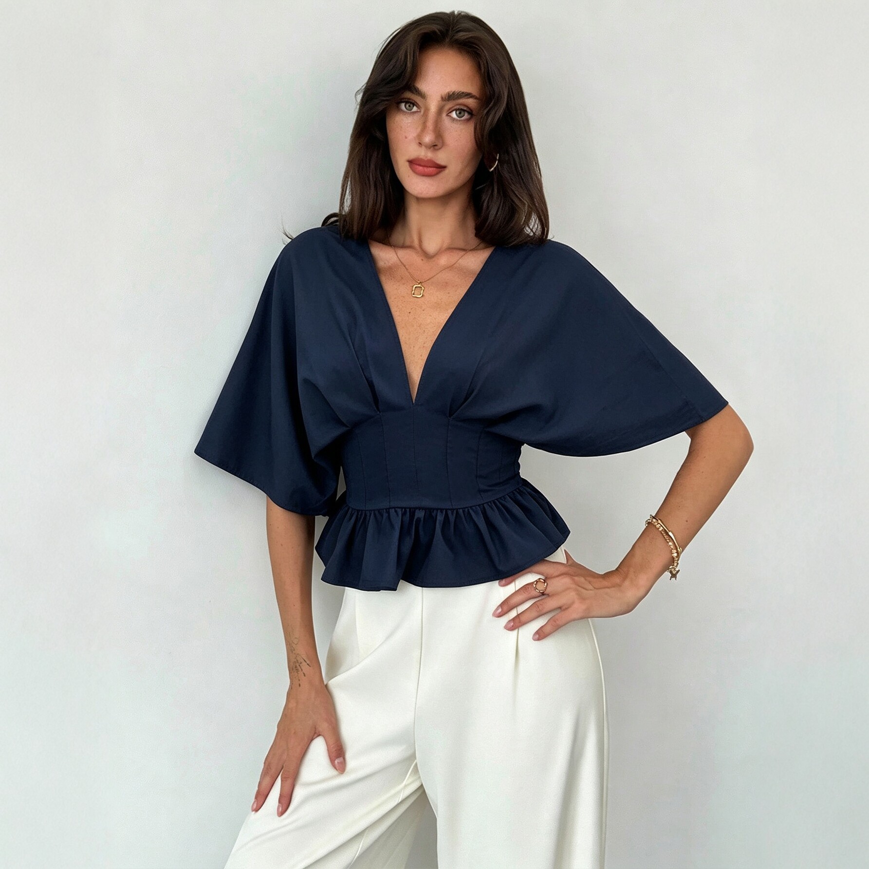 V Neck Batwing Sleeve Top Backless Slim Fit Ruffled Hem Casual Wear Summer Style Wholesale Available