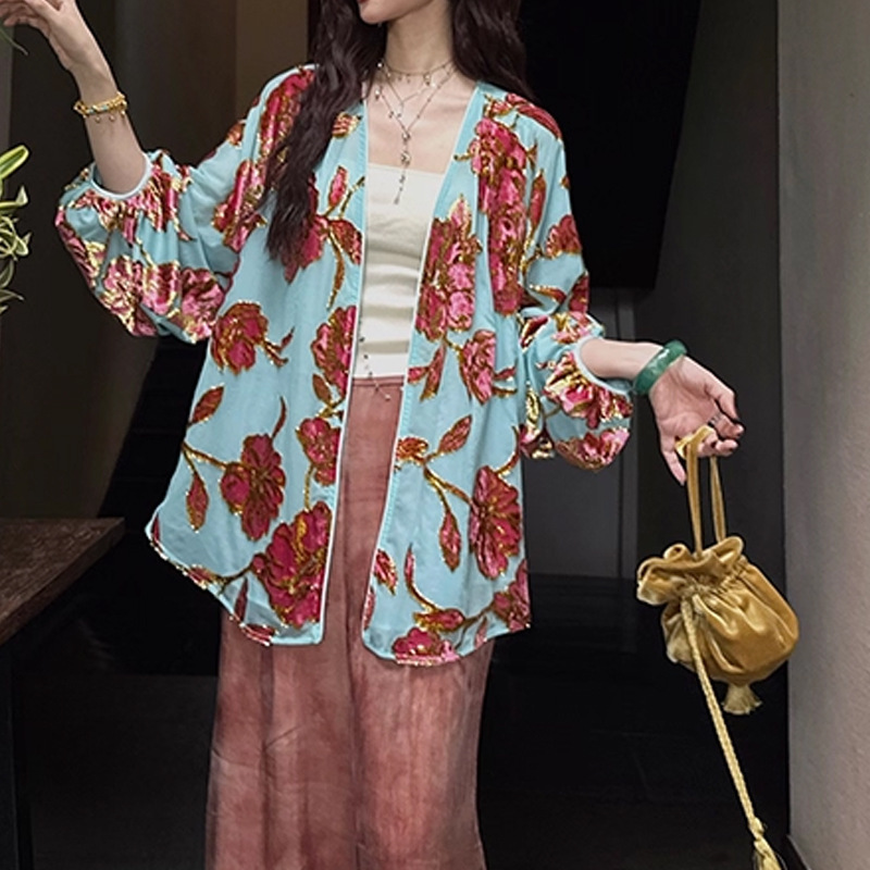 Áo cardigan nữ dệt vải họa tiết in hoa cổ chữ V dáng rộng — Bắc Kinh xanh, mạ vàng, màu son, màu vàng chanh