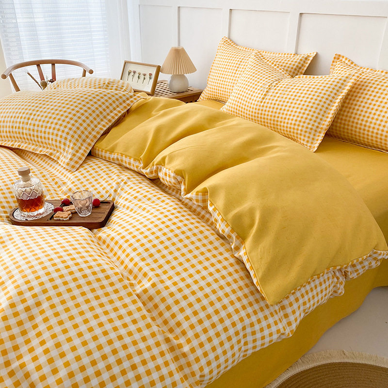 Ins Small Fresh Four-Piece Bedding Set Skin-Friendly Washed Cotton Brushed Student Bed Bed Sheets Quilt Cover Three-Piece Set Wholesale