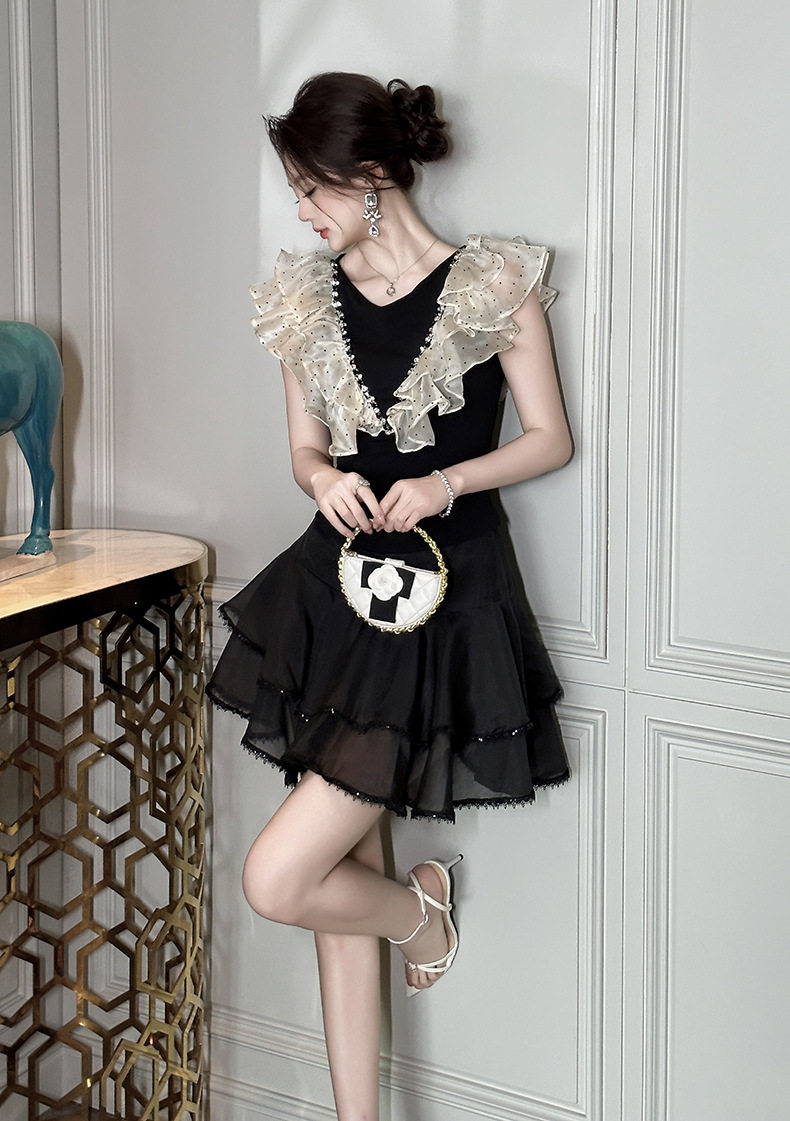 Áo thun nữ cổ tròn tay ngắn phong cách Pháp, thiết kế tay bèo nhún, dáng ôm, màu đen cơ bản — [Đen] chi tiết 11