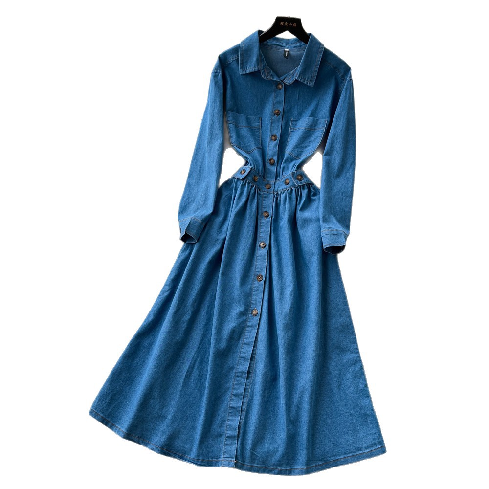 Summer Womens Denim Shirt Dress Long Sleeve Waist Defining A Line Silhouette Elegant Casual Style Wholesale