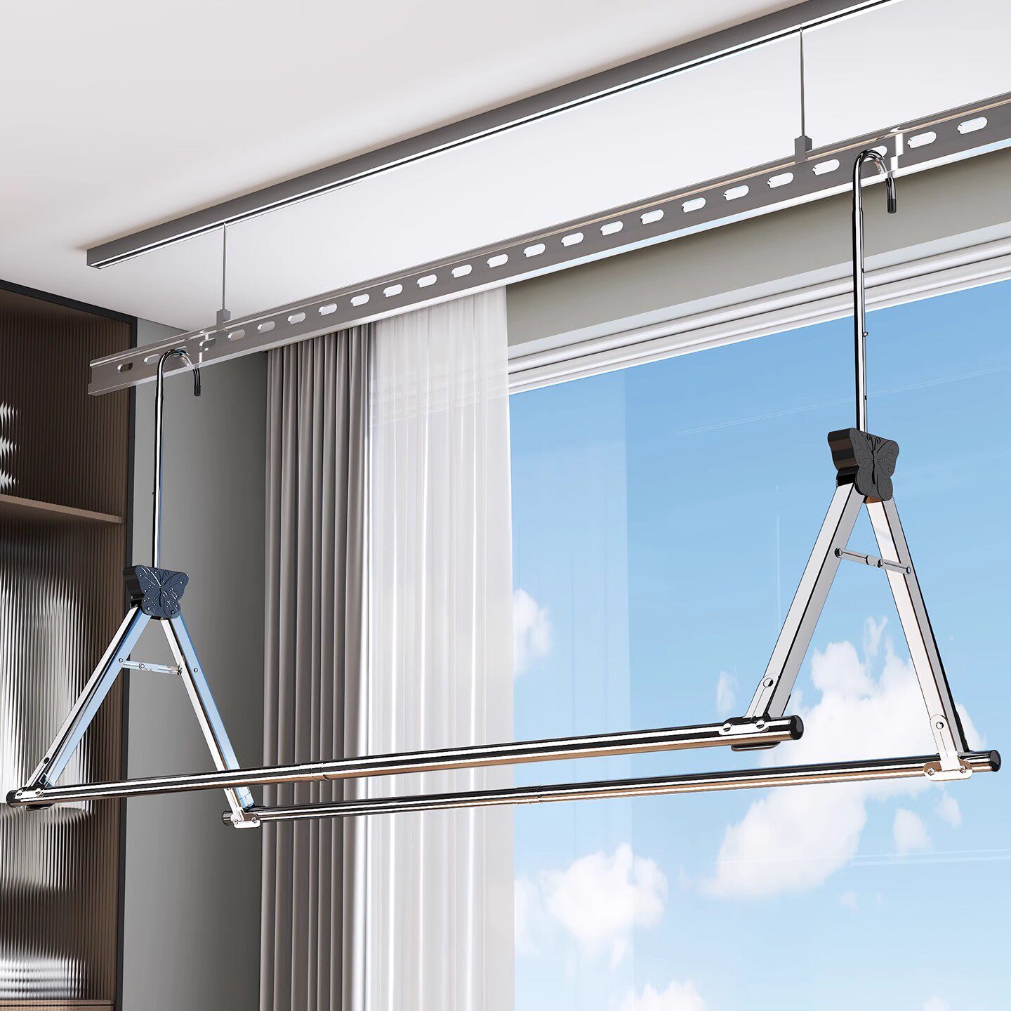 Adjustable Stainless Steel Telescopic Clothes Drying Rack for Home Balcony, No Drilling Required, Suitable for Drying Quilts and Bed Sheets