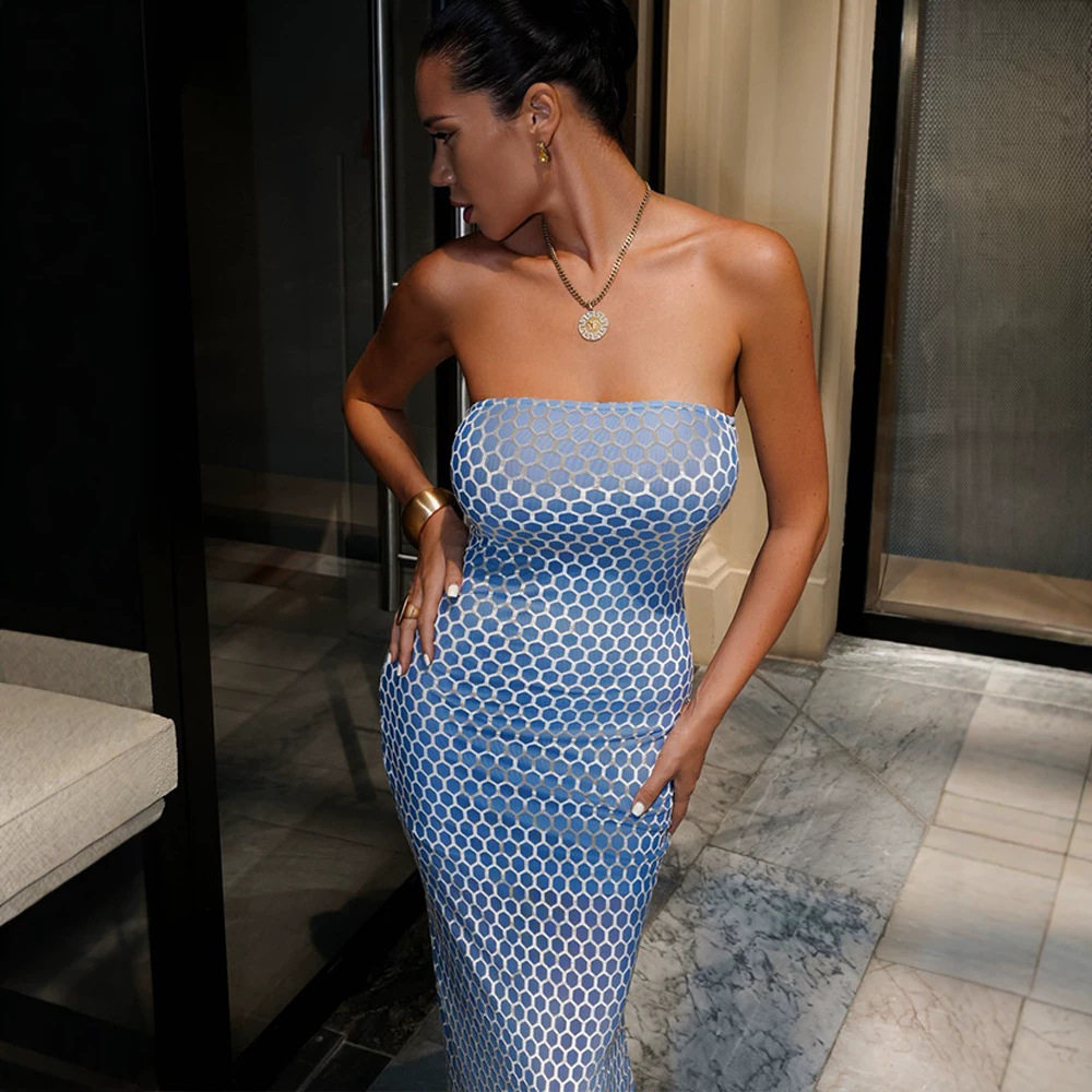 Blue Strapless Floral Maxi Dress Slim Fit High Slit Sequin Detail Evening Party Gown Wholesale Available