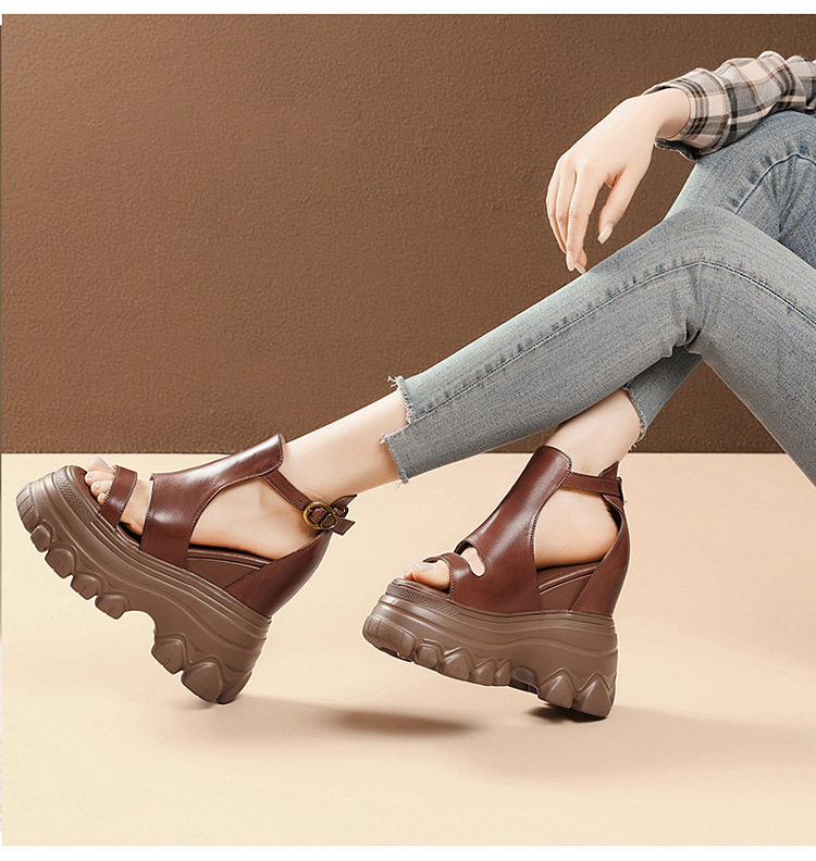 Sandal cao gót nữ hở mũi đế xuồng 14 cm da bò thủ công phong cách vintage — [Đen], [Nâu] chi tiết 4