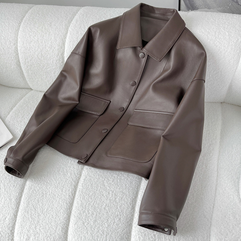 Áo Da Nữ Chất Liệu Da Bò Kín Cổ Hàng Mùa Xuân Thu Đông