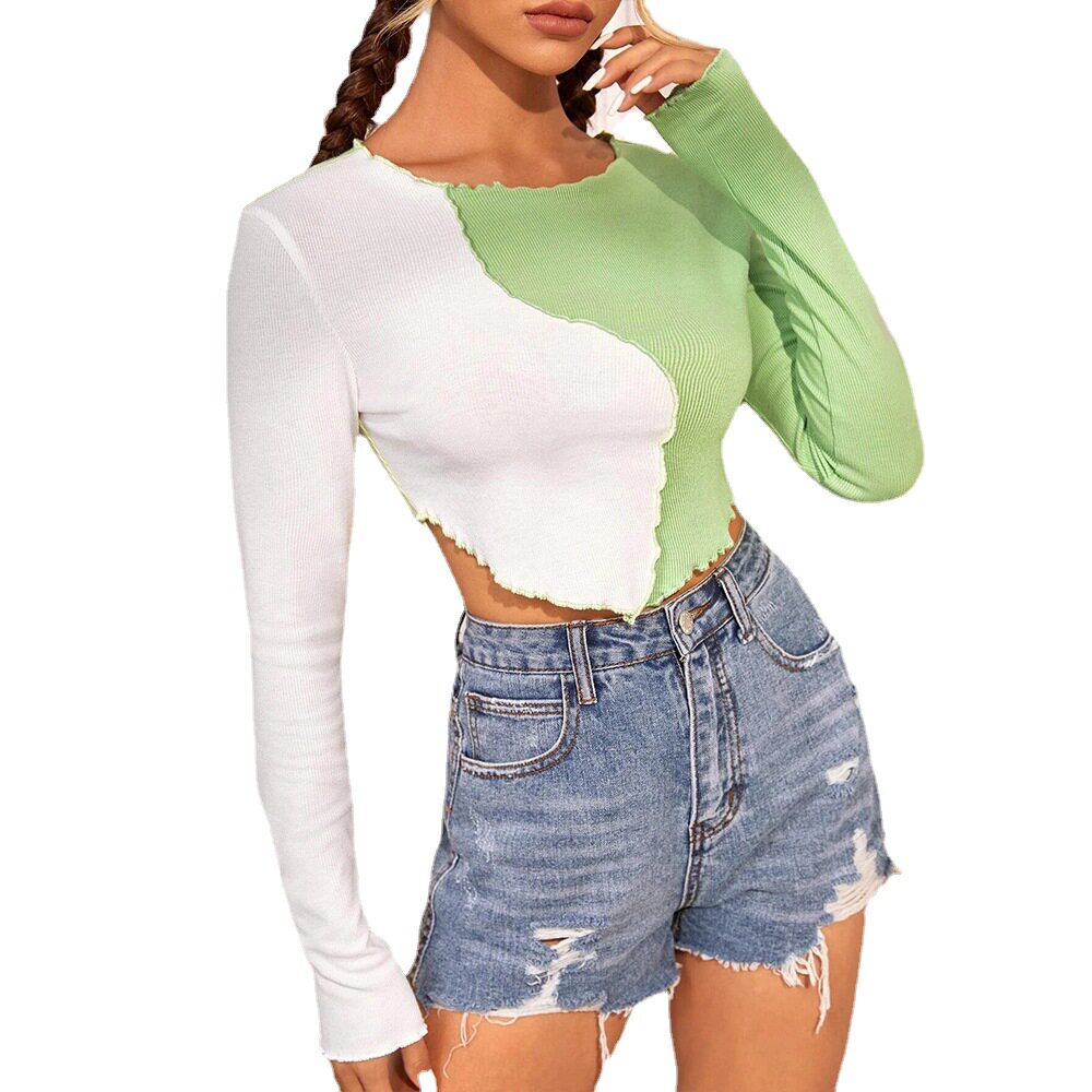 Color Blocked Slim Fit Long Sleeve T Shirt Womens Fashion Top Versatile Casual Wear Ready to Ship
