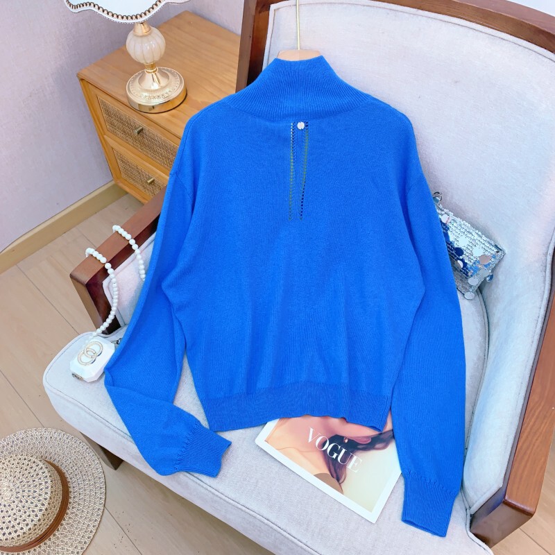 Áo cardigan nữ cổ đứng dáng rộng vai trễ có túi cài nút một hàng — Màu xanh dương
