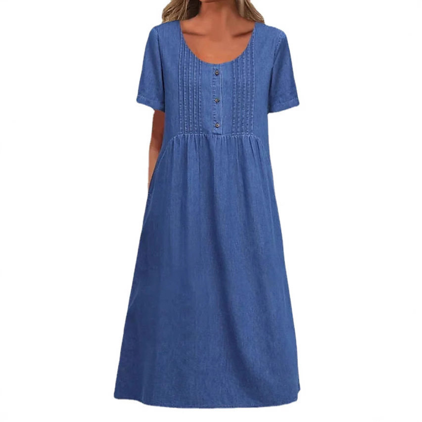 Elegant Denim Midi Dress for Women U Neck Short Sleeve Summer Style Wholesale Available ready to ship