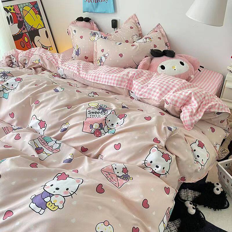 Ins Cartoon Cat Girl Heart Pink Four-Piece Set Cute Bedding Plaid Bed Sheets Dormitory 3-Piece Quilt Cover