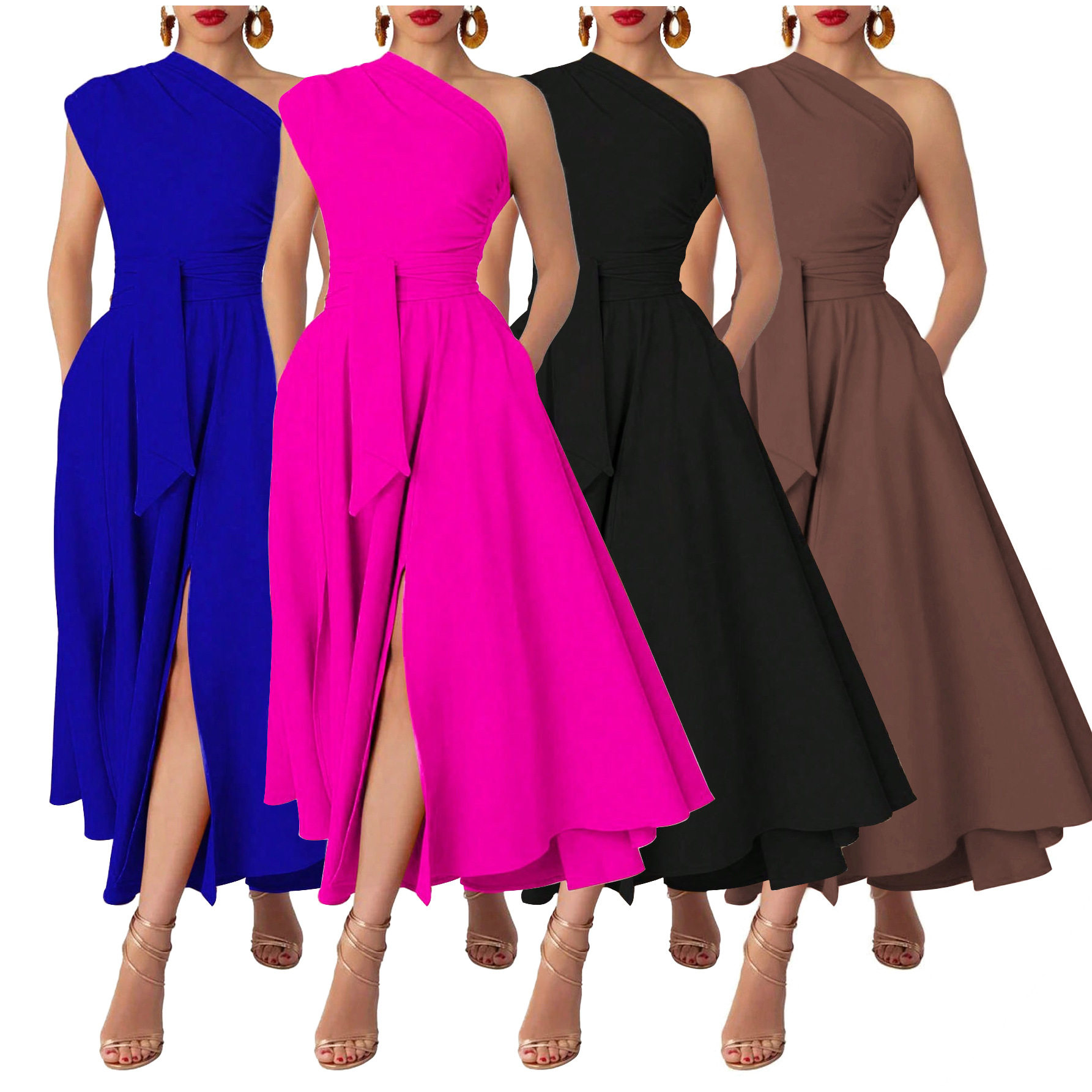 women's sleeveless slant-neck solid color waist-skimming dress