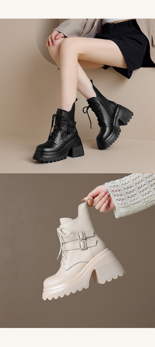 Boot nữ gót dày 10cm cổ thấp da bò thật, đế cao su chống trượt, khóa kéo bên — Lớp lót đơn màu be, Lớp lót đơn màu đen, Lớp lót nhung đen, Lớp lót nhung màu be