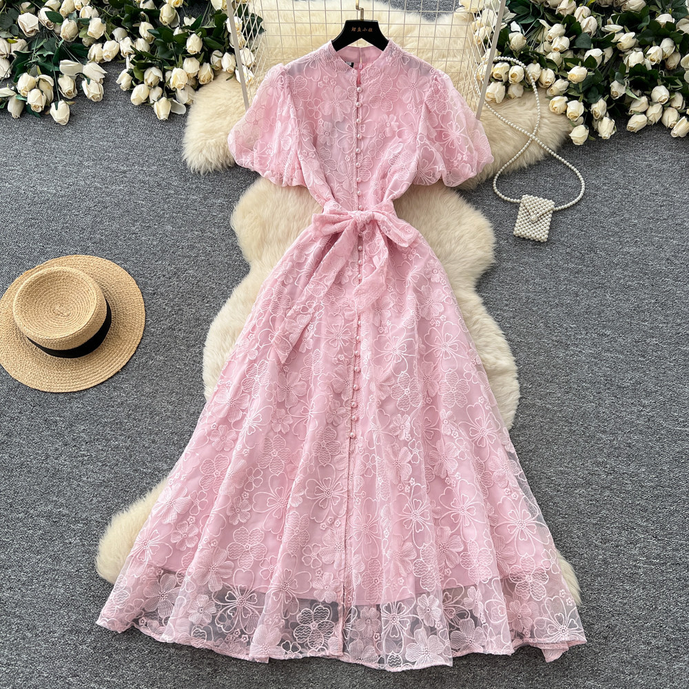 Elegant Lace Embroidered Dress High Waist A Line Silhouette Summer Style Perfect for Office and Formal Events