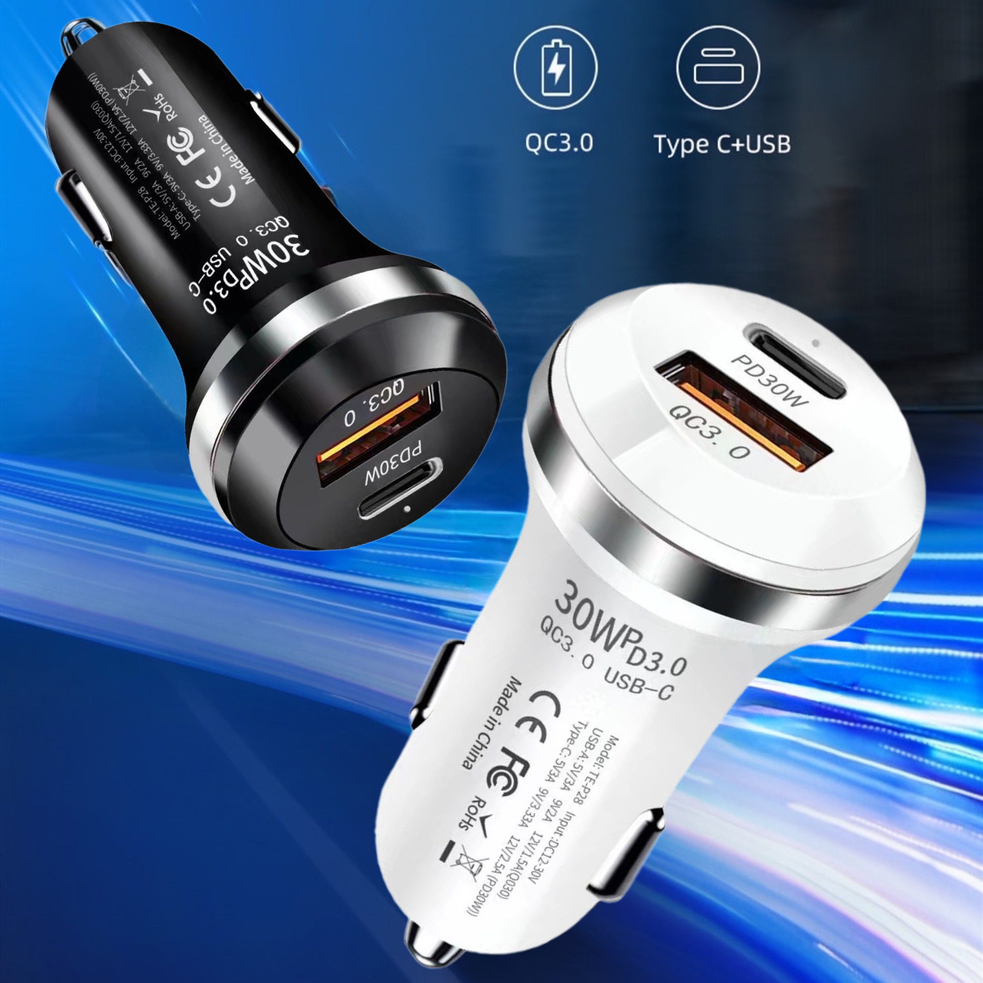 Car charger 2023 new Phnom Penh car charger A + C dual-port PD30w one drag two qc30 car charger super fast charger