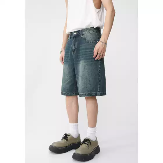 Mtlclothes Men's Clothing | Distressed Washed Denim Shorts for Men, Summer Straight-Leg Five-Point Pants, Retro Mid-Length Pants.