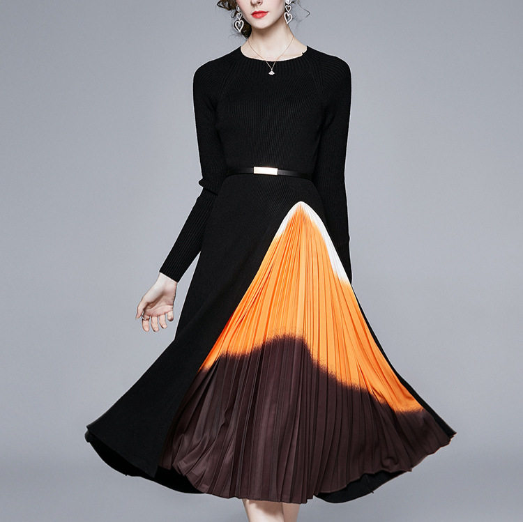 Elegant French Style Knit Color Block Pleated Midi Dress for Women Slim Fit Waist Defining Fall Fashion Wholesale
