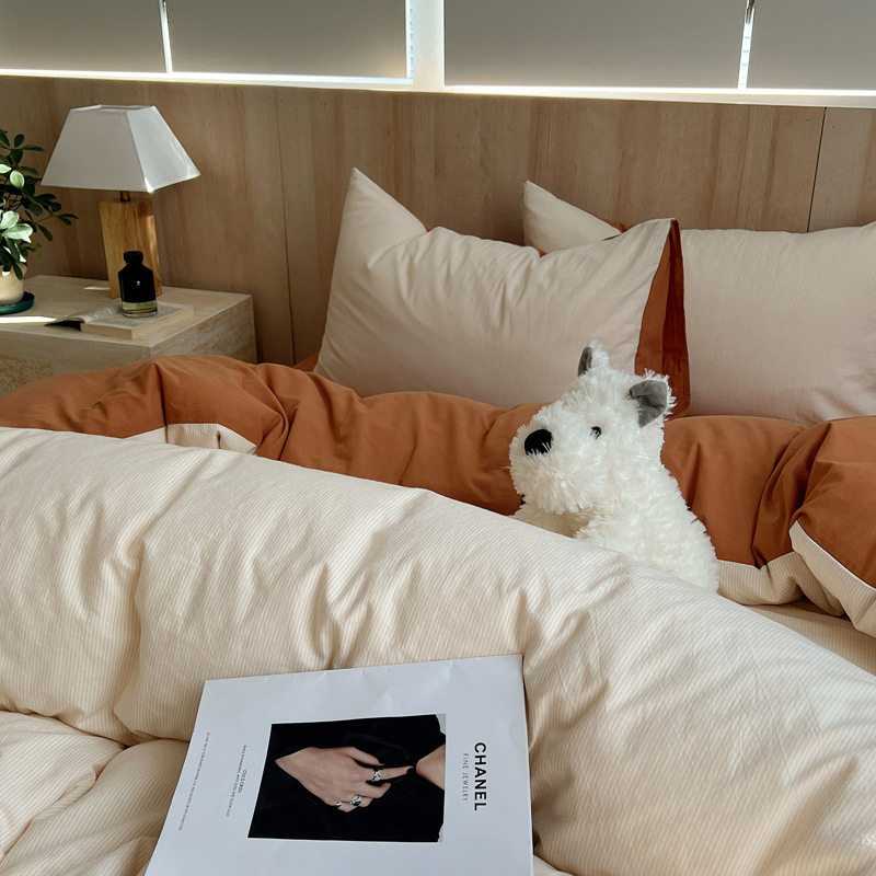 Yarn-dyed Wash Cotton Cotton Four-piece Set Japanese-style Solid Color Quilt Cover Nantong Bed Three-piece Set Pure Cotton Bed Sheet Quilt Cover 4