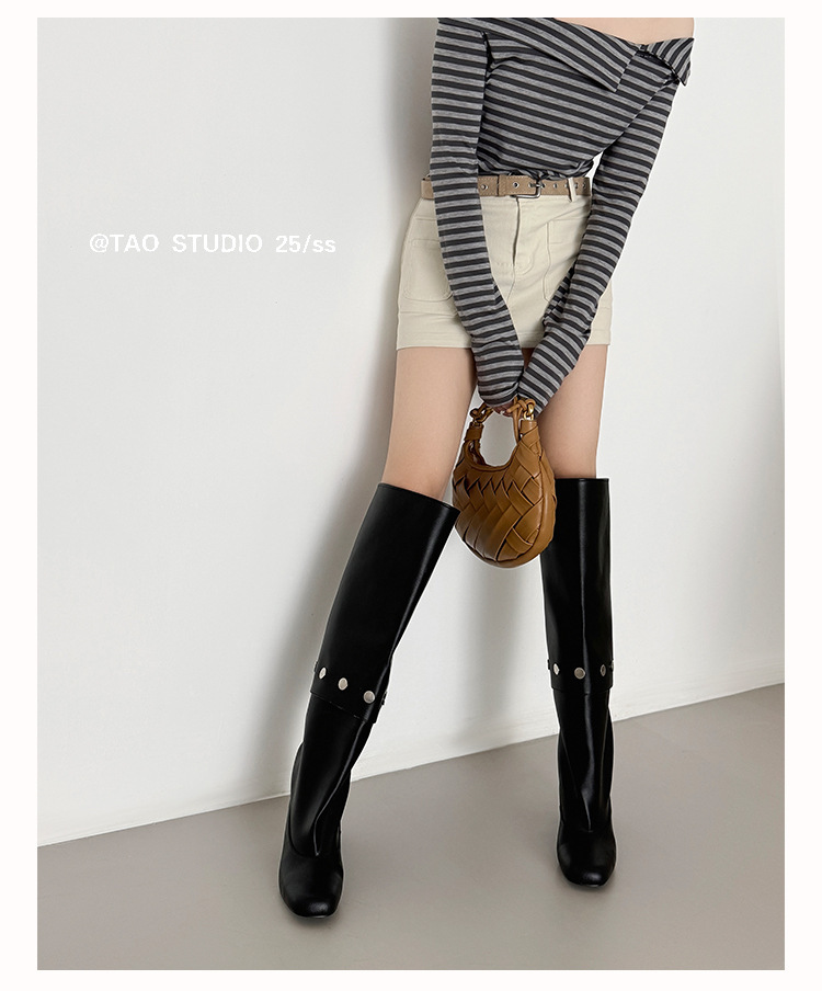 Boot nữ cổ cao gót vuông đính đinh tán, ống tháo rời hai kiểu mặc — Lớp lót đơn màu đen, Lớp lót đơn màu xám, Lớp lót nhung màu xám, nhung đen