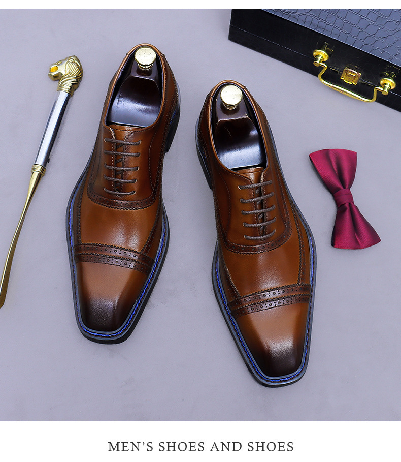 Giày Oxford nam da bò thật mũi vuông buộc dây phong cách công sở — Màu nâu (viền xanh), Màu nâu (viền đen), Đen (viền xanh), Đen (viền đen)