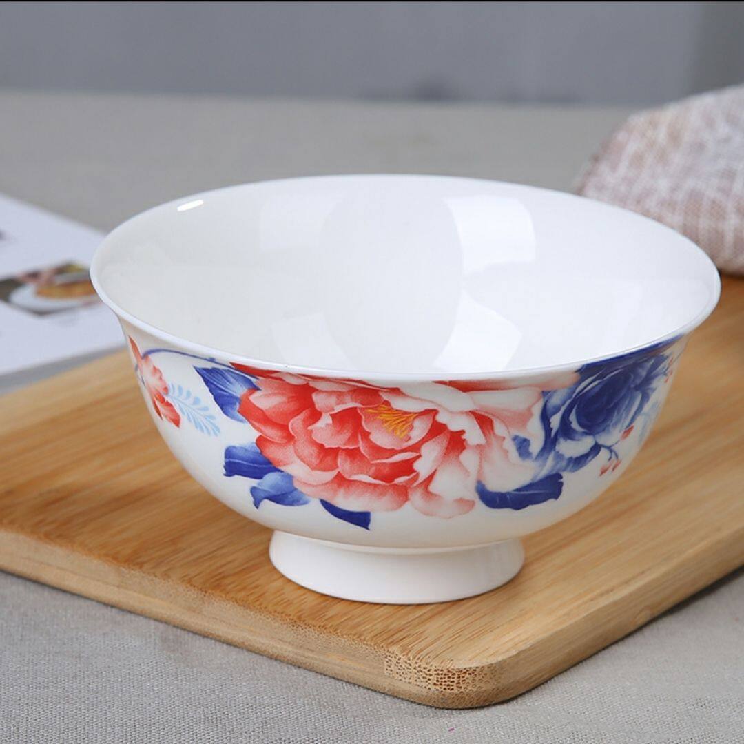念瓷坊正品青花高温骨瓷高脚防烫家用健康米饭面汤碗勺