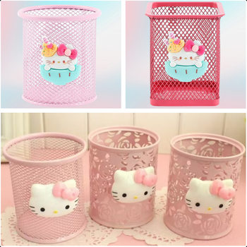 Cute Pink Girly Heart Pen Holder Metal Student Desktop Organizer Sundry Storage Box Round Cosmetic Storage Box