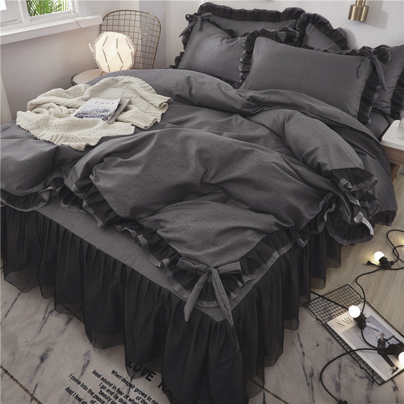 Lace Bed Skirt Four-piece Set Solid Color Girl's Bed Skirt Bed Cover Princess Wind Bed Quilt Cover Three-piece Set Sanding