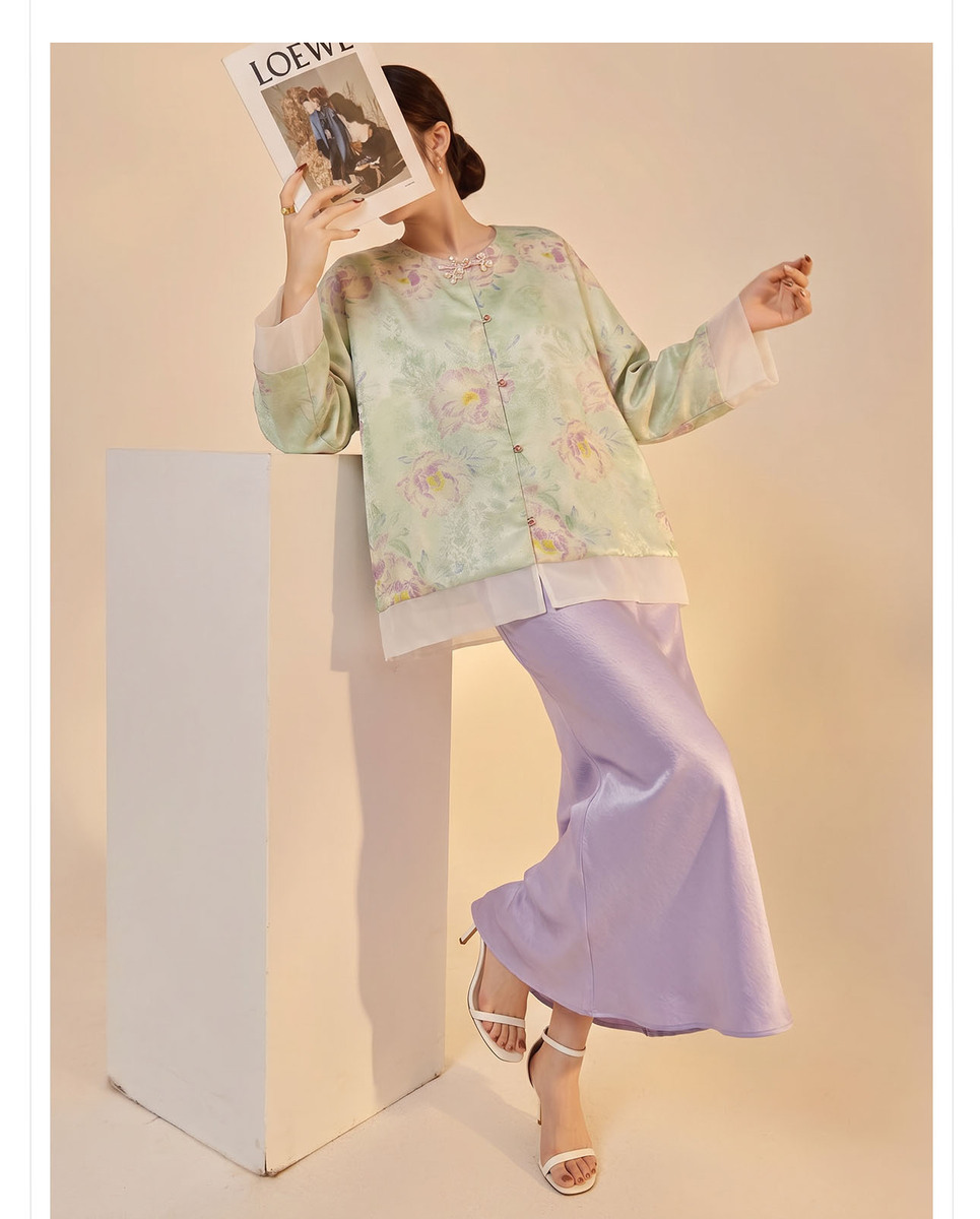 Bộ áo khoác dệt jacquard dáng dài tay kèm chân váy dài nữ tính — Chân váy màu tím, Xuân Huy Lục, Bộ