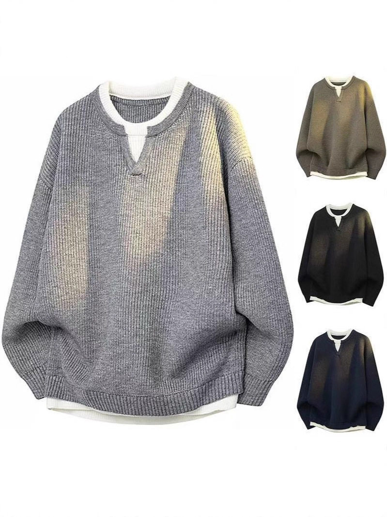 Fake Two-Piece Knitwears for Men, Lazy, Simple, Versatile, Trendyy Fashion Casual Long Sleeves