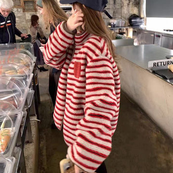 [Berry Hazelnut] Korean Call Mn Stripesd Polka Dot Winter Thickeneded Lamb Wool Jacket Fleece-Lined Warm Jacket